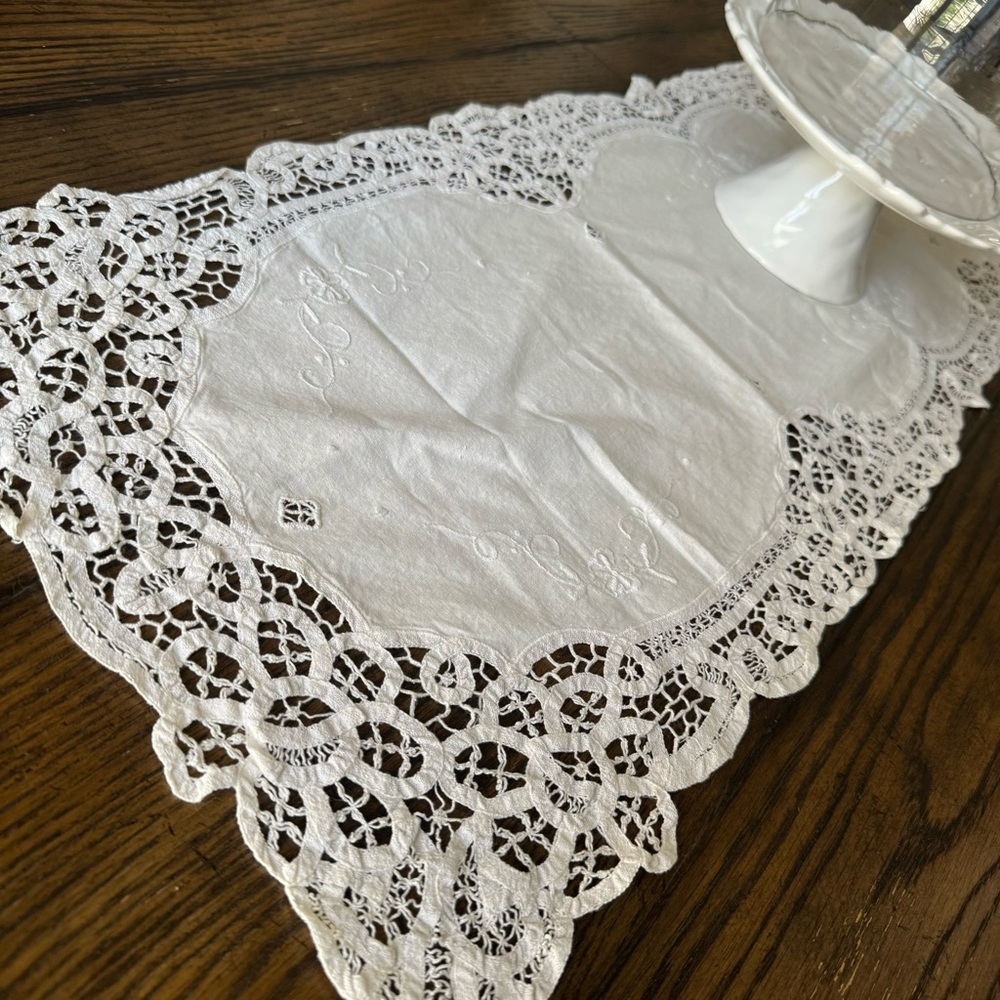 Vintage Linen Blend Table Embroidered Runner with Lace Edge  40” x 14”